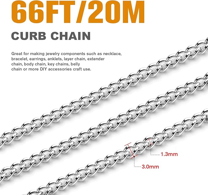 [66 Feet/ 20M] Stainless Steel Curb Chain, 3mm 304 Stainless Steel Flat Twisted Link Chain Roll Spool Curb Chains Bulk for Jewelry Making DIY Craft