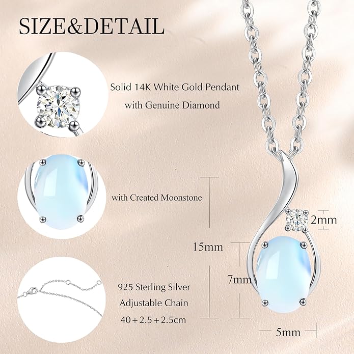 FANCIME 14K Solid White Gold Oval Gemstone Necklace with Diamond Pendant Gifts for Mom Women,16"+2" Inches