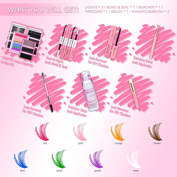 Lash Clusters Kit Eyelash Clusters Kit Cat Eye Lashes Cluster Eyelash Extensions Large Pack Colored Lash Extension Kit Pestañas Postizas Naturales+Lash Bond&Seal,Remover,Tweezers,Cleanser(Lash Kit-7)