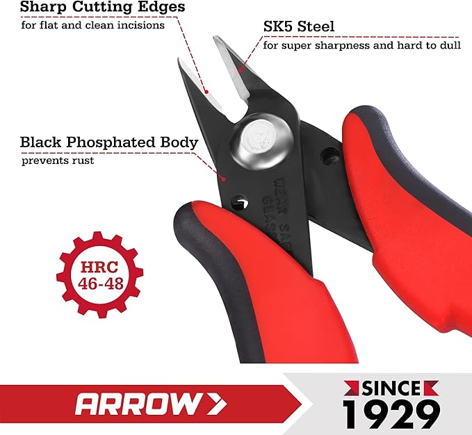 ARROW Micro Wire Cutters, 5" Precision Flush Cutters with Streamlined Handle and Ultra-Sharp Cutting Edge, Side & Diagonal Flush Cut Pliers for Electronics, Jewelry, Crafts, Zip Ties and Soft Wires