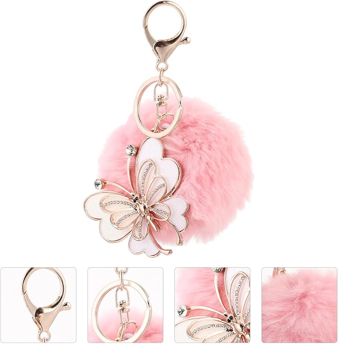 SUPVOX Diamond-encrusted Fur Ball Key Chain Pendant Butterfly Charm Pink Fuzzy Ball Key Ring for Bags Car Lightweight Creative Accessory