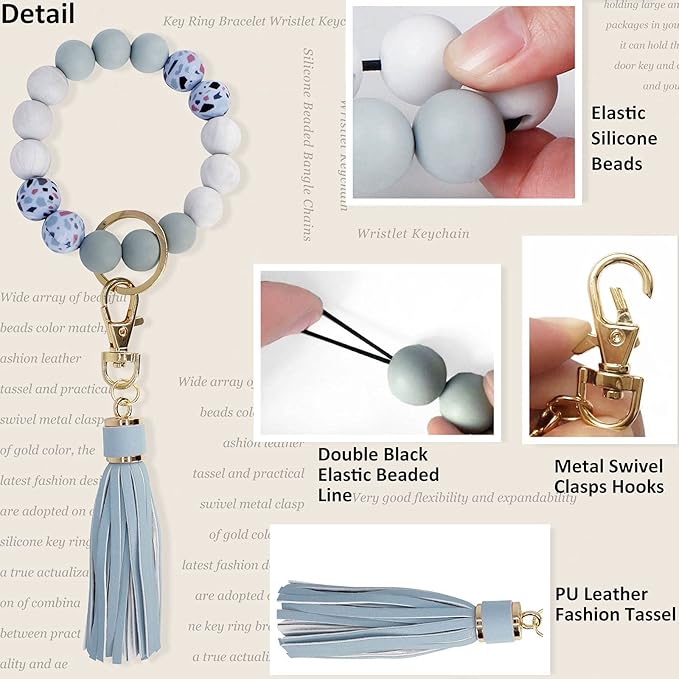 BIHRTC Key Ring Bracelet Car Keychain Holder Wristlet Silicone Women Beaded Bangle Chains