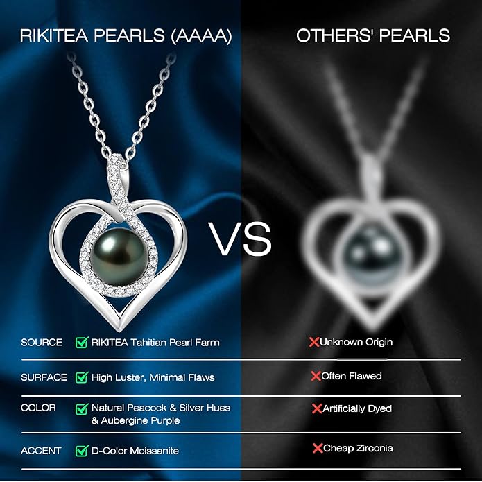 Genuine Tahitian Black Pearl Necklace for Women, 9-13mm AAAA Seawater Pearl - Sterling Silver Moissanite Pendant, Wedding Anniversary, Birthday, Christmas Gift for Wife, Mom, Girlfriend, Fine Jewelry