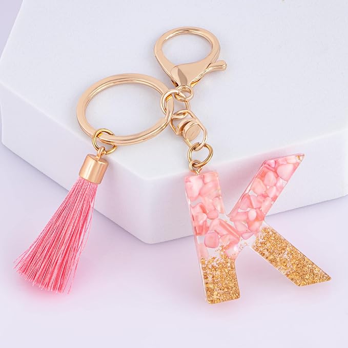 Suweibuke Cute Pink Key Chains for Women Girls, Initial Letter Keychains with Tassel, Charms for Key Purse Handbags Backpacks