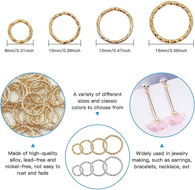 600Pcs Twist Open Jump Rings, 8/10/12/15mm O Rings Connectors Jewelry Findings Round Circle Large Jump Rings for Jewelry Making DIY Earrings Bracelet Necklace Keychain Pendants Crafts(K Gold,White K)