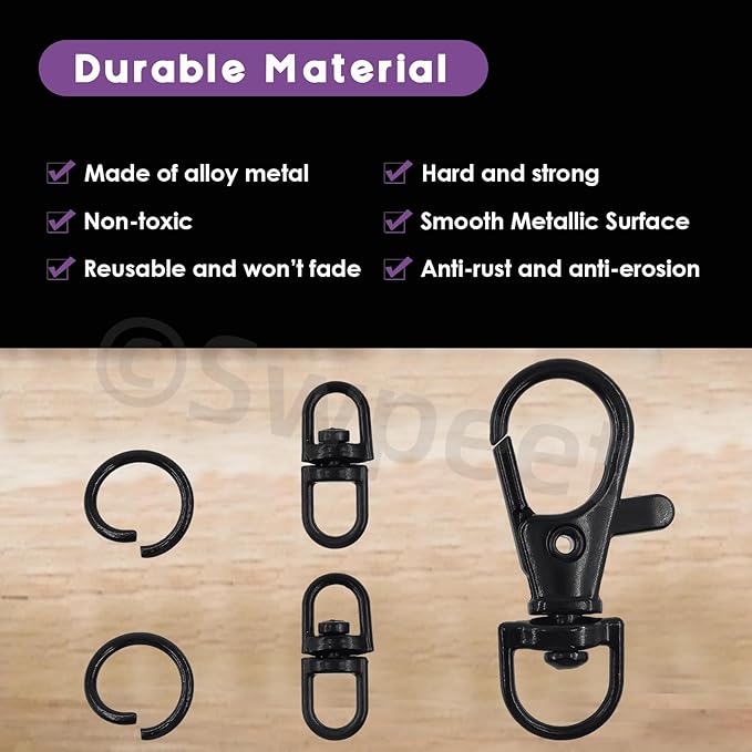 Swpeet Assorted 150Pcs Black Keychain Making Kit, 50Pcs Swivel Lobster Claw Clasps, 50Pcs Rotating 8-Shaped Buckle Claw Clasp, 50Pcs Jump Ring, Swivel Trigger Hook, Swivel Clasps Lanyard Snap Hook