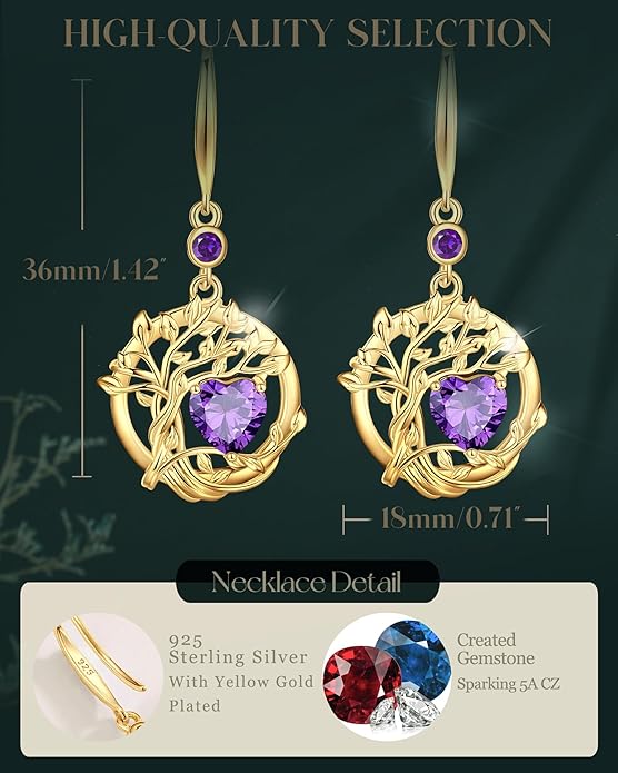 FANCIME Tree of Life Dangle Drop Earrings 925 Sterling Silver Dainty Round Gemstone Birthstone Earring Fine Jewelry Birthday Christmas Gifts for Her Women