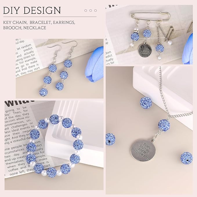 200 Pcs Light Sky Blue Rhinestone Beads for Jewelry Making, Sparkle Crystal Clay Christmas for Bracelet Baseball Necklace Earring Crafting and DIY, Shiny Round Shamballa Disco Ball Beads Bulk