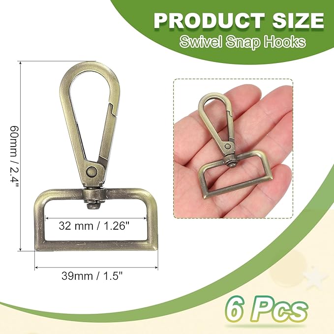 Swivel Snap Hooks, Metal D Ring Keychain Lanyard Clip Hook Lobster Clasp Claw Push Gate Clip - Fitting for(Purse Making - Sewing - DIY Crafts) 6 Pcs & 1.25" & Bronze Patina