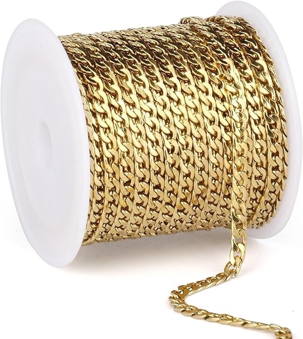 16.5 Ft Stainless Steel Curb Chains, 5mm 6mm 7mm 9mm Cuban Chain Roll Bulk for Jewelry Making