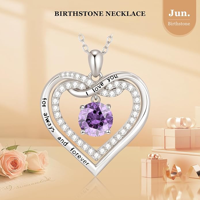 G&GEMSJEW Infinity Heart Birthstone Necklaces for Women, 925 Sterling Silver Jewelry, Pendant Heart Necklaces Birthday Anniversary Christmas Gift for Women Wife Mom Girlfriend Lady