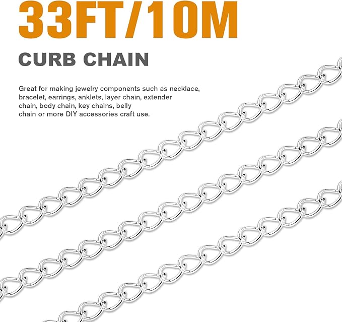 33 Feet Silver Curb Chains Bulk, 2.5mm Silver Plated 304 Stainless Steel Twisted Link Chains Roll Spool for Jewelry Making Extender
