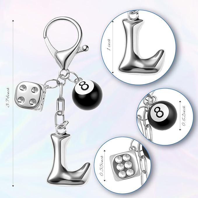 8 Ball Dice Keychain with Silver Bubble Initial - Y2K Aesthetic Cute Bag Purse Charms for Women
