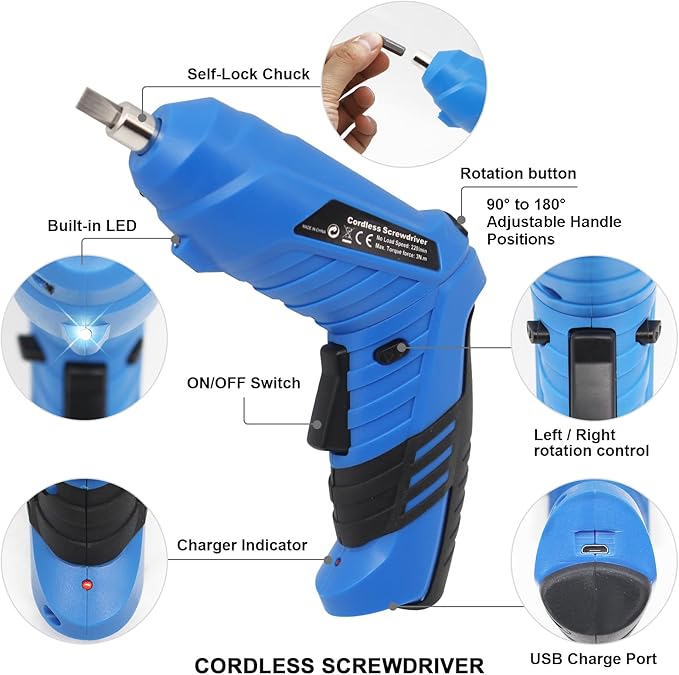 MQFORU Cordless Screwdriver, 48 in 1 Electric Screwdriver, Rechargeable 3.6V Portable Cordless Drills Kit, Dual Position Handle with USB Cable LED Light for Home Office DIY Tools