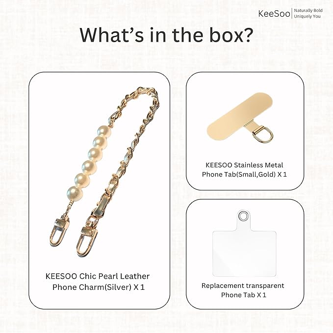 Original Korean Chic Pearl Gold Leather Phone Charm, Versatile with Premium Gold Metal Phone Tab (Lustrous Silver)