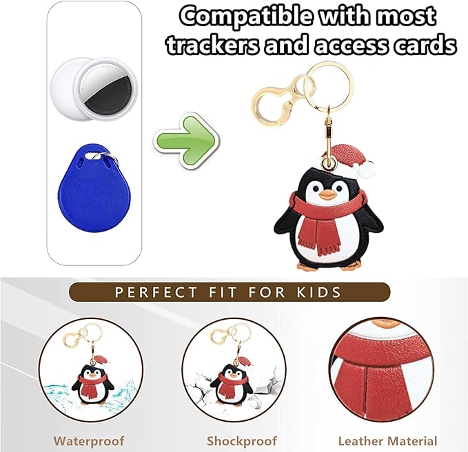 Leather Keychain Holder Case Compatible with AirTag,Cute Protective Cover with Keyring,Anti-Scratch Finder GPS Tracker Case for Wallet Keys,Bag,Pets(Penguin Red)