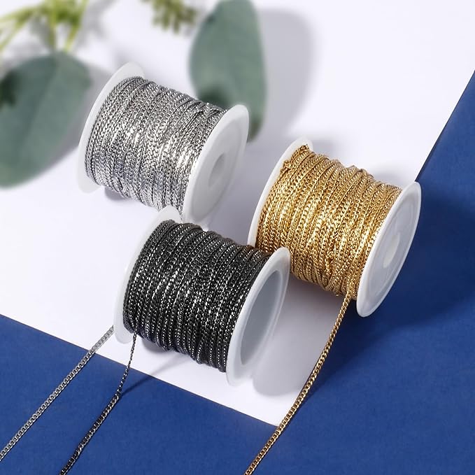 [33FT] Gunmetal Stainless Steel Curb Chains for Jewelry Making, 2mm Wide 304 Stainless Steel Cuban Link Chain Roll Bulk for DIY Jewelry Making Craft