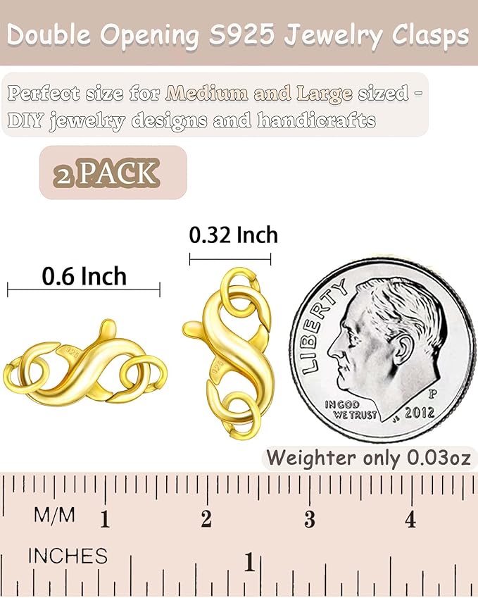 Dailyacc S925 Double Opening Lobster Clasp Sterling Silver and Gold Necklace Bracelet Extender Clasps and Closures for DIY Jewelry