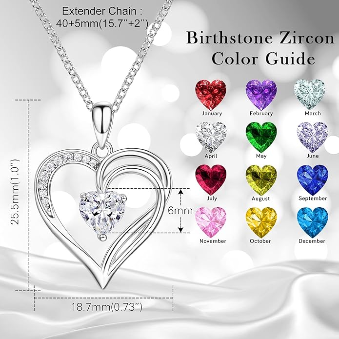 AM ANNIS MUNN 925 Sterling Silver Heart Necklace for Women Birthstone Necklace Silver Jewelry for Womens Jewelry Gifts for Women Her Mom