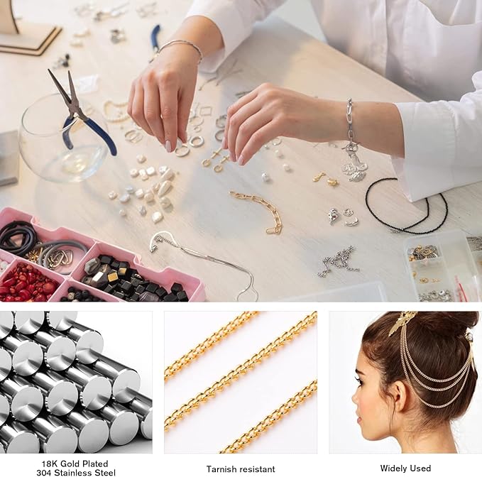 [66 Feet/ 20M] 18K Gold Plated Stainless Steel Curb Chains, 2.5mm 304 Stainless Steel Flat Twisted Links Curb Chains Spool Bulk for Jewelry Making