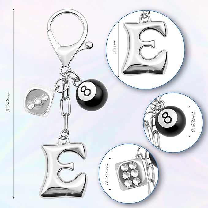 8 Ball Dice Keychain with Silver Bubble Initial - Y2K Aesthetic Cute Bag Purse Charms for Women