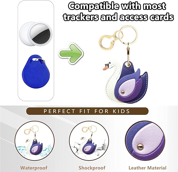 Leather Keychain Holder Case Compatible with AirTag,Cute Protective Cover with Keyring,Anti-Scratch Finder GPS Tracker Case for Wallet Keys,Bag,Pets(Swan Purple)