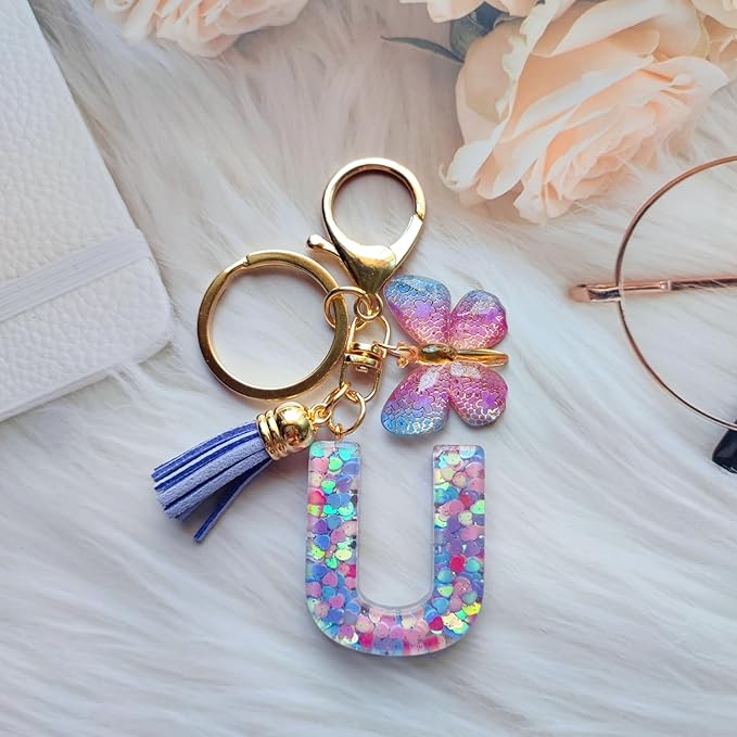 Cute Initial Letter Keychains for Women Girls Tassel Butterfly Pink Purple Green Keychain for Backpack School Bag