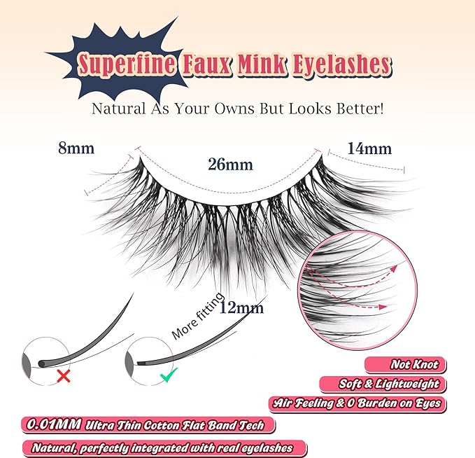 Natural Cat Eye Lashes Wispy Eyelashes 14mm Lightweight False Eyelashes 3D Volume Natural Lashes 0.1mm Thin Cotton Band Lash Strips Pack C Curl Soft Eyelash 7 Pairs Siligli