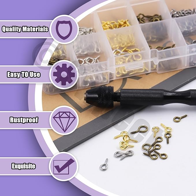 Swpeet 492Pcs Pin Vise Small Push Hand Drill and 0.8-3mm Drill Bits Set with Tweezer and 4/5/6mm Eye Screws Assortment Kit, Hand Drill for DIY Keychain, Jewelry Making, Resin Polymer Clay Craft
