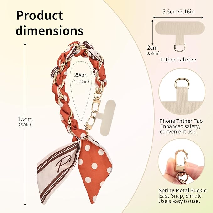 Fycyko Phone Wrist Strap with Gold Metal Scarf and Universal Tether Tab, Aesthetic Print Design Ribbon Chain, Multi-Purpose Accessories for Bag Key Cellphone for Men Women Girls-Orange Polka Dot