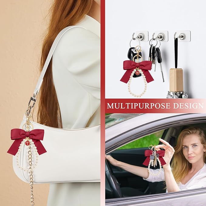 XGALBLA Initial Letter Cute Coquette Bow Keychain for Women, Wristlet Simulated Pearl Keychains Bag Charms for Handbags