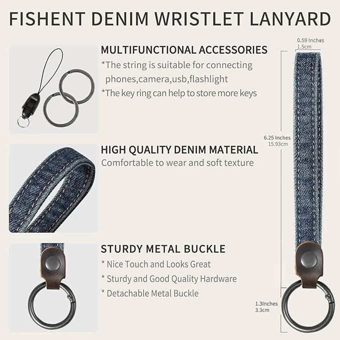 Fishent Denim Wristlet Keychain for Women Men, Cute Key Chain, Wrist Lanyards for Car Keys ID Badge Wallet Card Holder