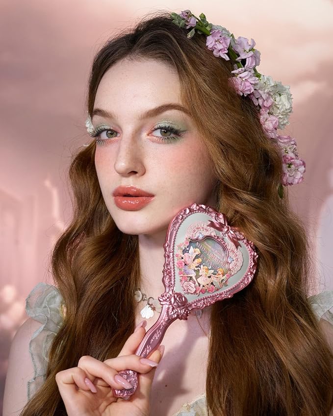 Flower Knows Midsummer Fairytales Hand Mirror,Vintage Heart Handheld Mirror,Fancy & Pretty Princess Handheld Mirror with Long Handle,Gift for Girls & Women(Tea Menthe)