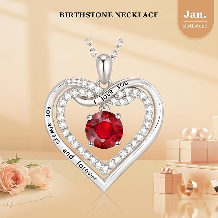 G&GEMSJEW Infinity Heart Birthstone Necklaces for Women, 925 Sterling Silver Jewelry, Pendant Heart Necklaces Birthday Anniversary Christmas Gift for Women Wife Mom Girlfriend Lady