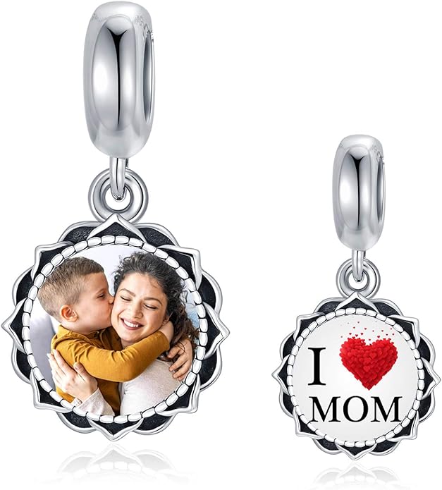 LONAGO 925 Sterling Silver Personalized Photo Charm Fit Compatible for Bracelet Necklace Customized Heart Round Shape Picture Bead