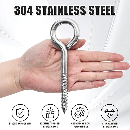 4PCS 6 inches Screw Eyes M10 304 Stainless Steel Eye Screws, Heavy Duty Screw, Eye Hooks Screw Eye Bolts Eye Hooks Screw, Indoor & Outdoor Uses (4, M10-6inch)