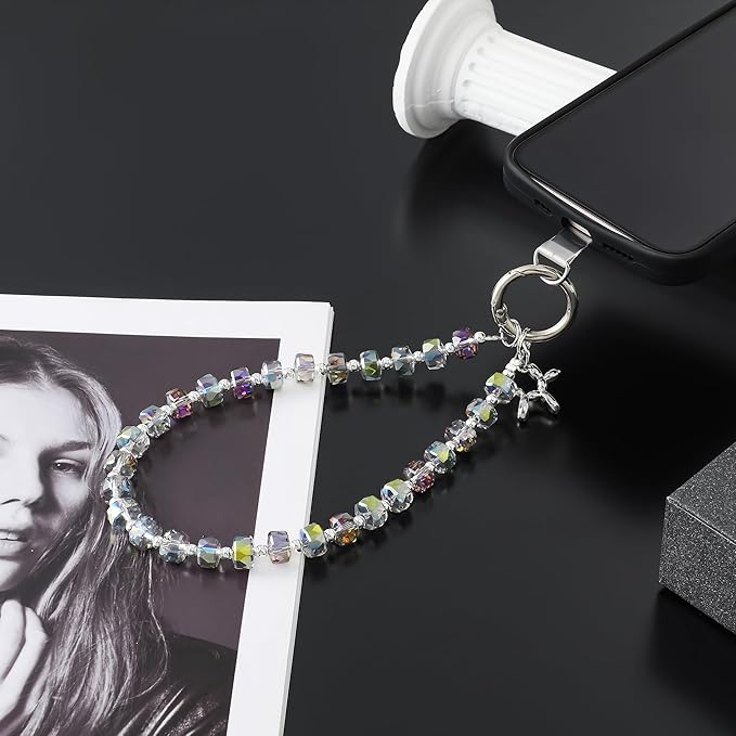 Crystal Phone Wrist Strap Phone Charm Chain Keychain Beaded Cellphone Lanyard with Tether Tab Hands-Free Wristlet Bracelet Wrist Grip Strap for Women, W-Green Purple