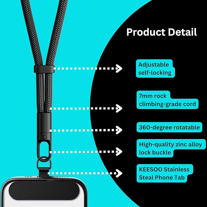 Minimalist Wrist Strap Phone Lanyard with Adjustable Drop-Proof Design, 7mm Reinforced Climbing Rope Material, 2 Phone Tether Tabs (Matching Metal and Rotatable Clear) - Orange