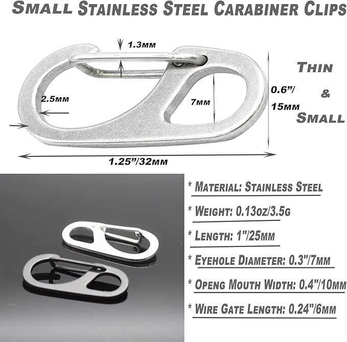 Small Carabiner Clips 1.25 inch/1.85 inch Snap Hooks with Fixed Eye Spring Gate Keychain Parocord Rope Clasps Accessories