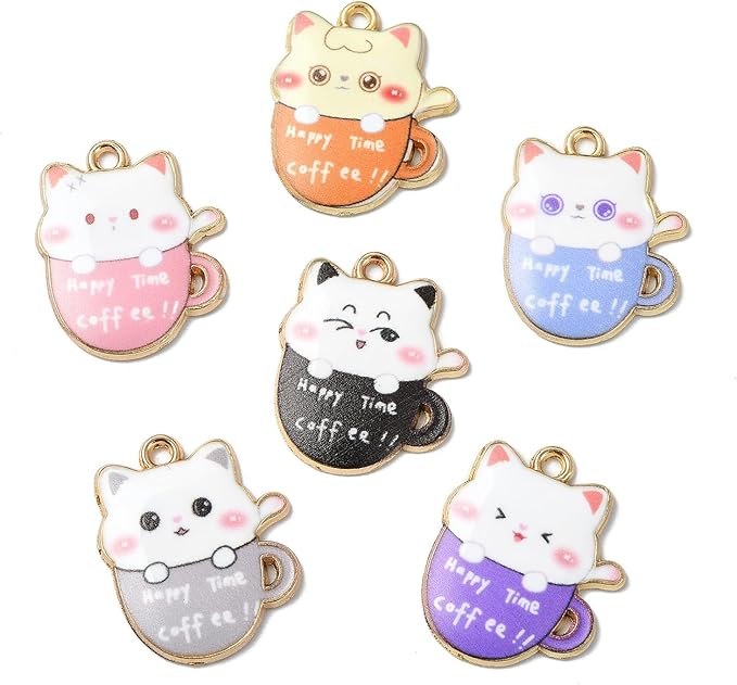 Stiesy 30 Pcs 6 Color Cat Charms for Jewelry Making Cute Kitten Animal with Coffee Cup Enamel Charm Pendants for Crafting DIY Necklace Bracelet Earring Presents
