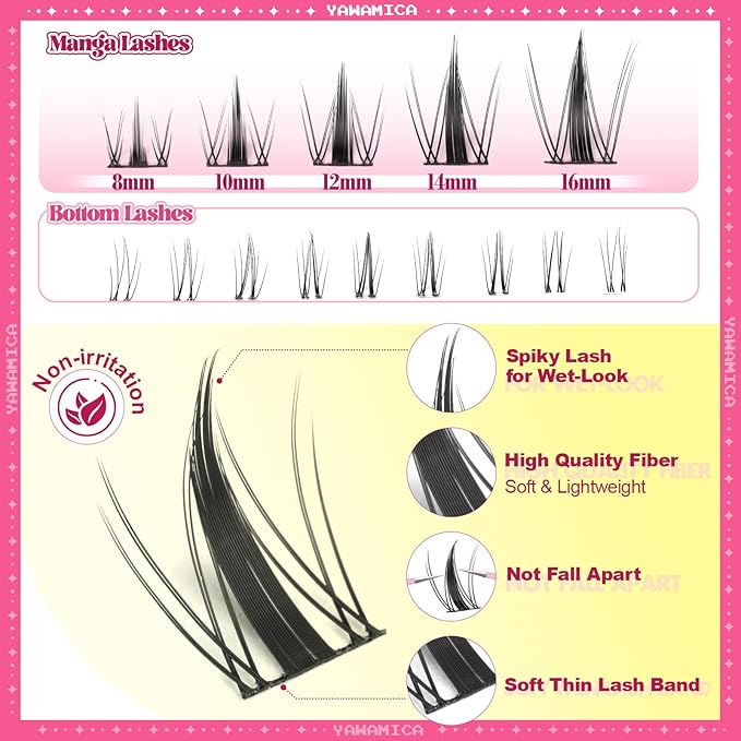 Yawamica Manga Lash Clusters Kit with Bottom Lashes DIY Eyelash Extension Kit Fairy Eyelash Clusters 8-16mm Individual Lashes Clusters Wispy Cluster Lashes with Bond and Seal Remover and Lash Tweezers