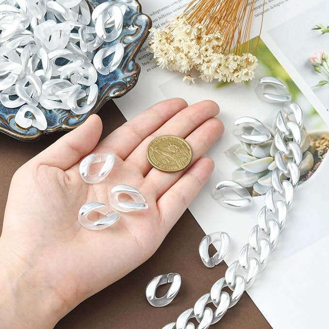 LiQunSweet 100 Pcs Clear White Acrylic Plastic Oval Linking Chain Rings Quick Link Connectors for Necklace Bracelet Earring - 17x23mm