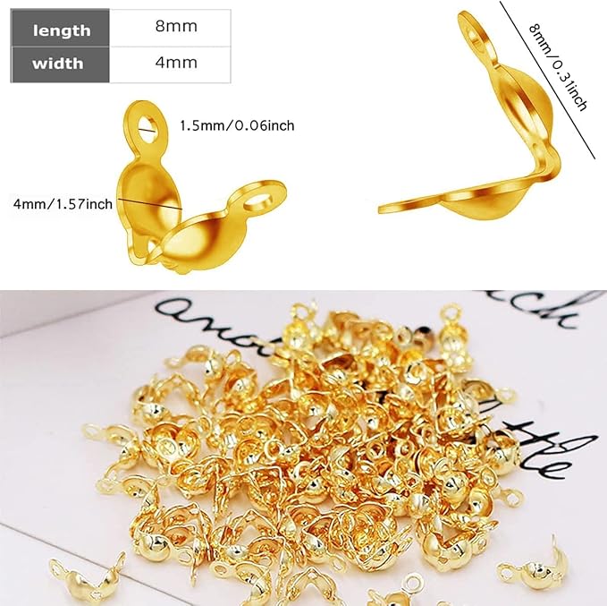 1500 Pieces Beads Tips Knot Covers Clamshell Crimp Tips Beads Set Calotte Ends Knot Covers Fold-Over Bead Covers for Jewelry Making DIY Bracelet Necklaces(Gold)