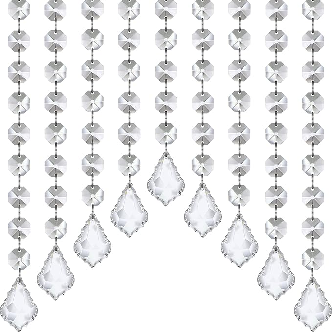 Jishi 33ft Crystal Garland Strands, String of Beads w/Crystal Maple Leaf Prism Pendant, Hanging Crystals for Decoration for Centerpieces Chandeliers Christmas Tree, Clear Acrylic Diamond Beaded Chains