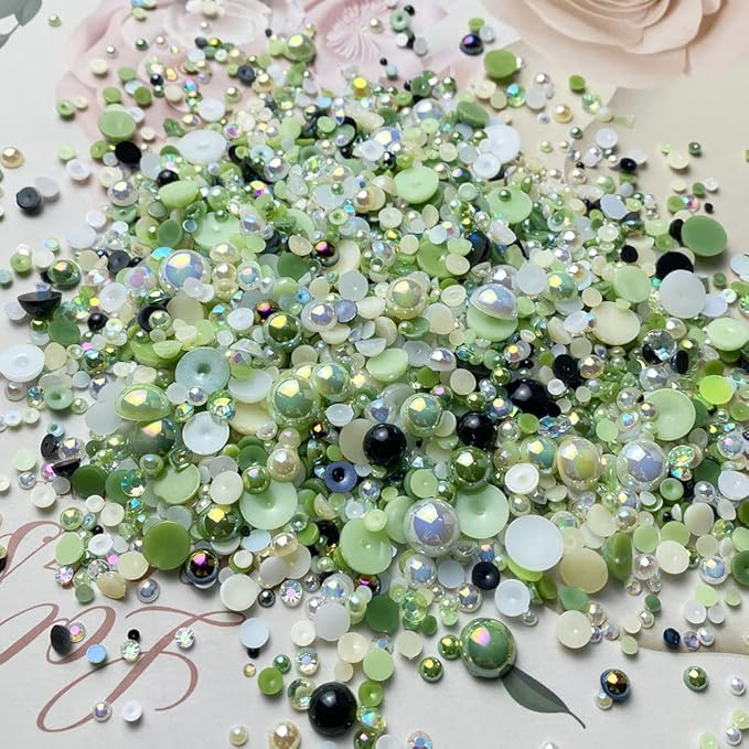 100g Mix Resin Rhinestones Flatback Half Round Pearls Mixed Size 3mm-10mm AB Color Half Pearls Resin Rhinestones for DIY Craft Nail Art Shoes Clothes Phone Case (Green Series)