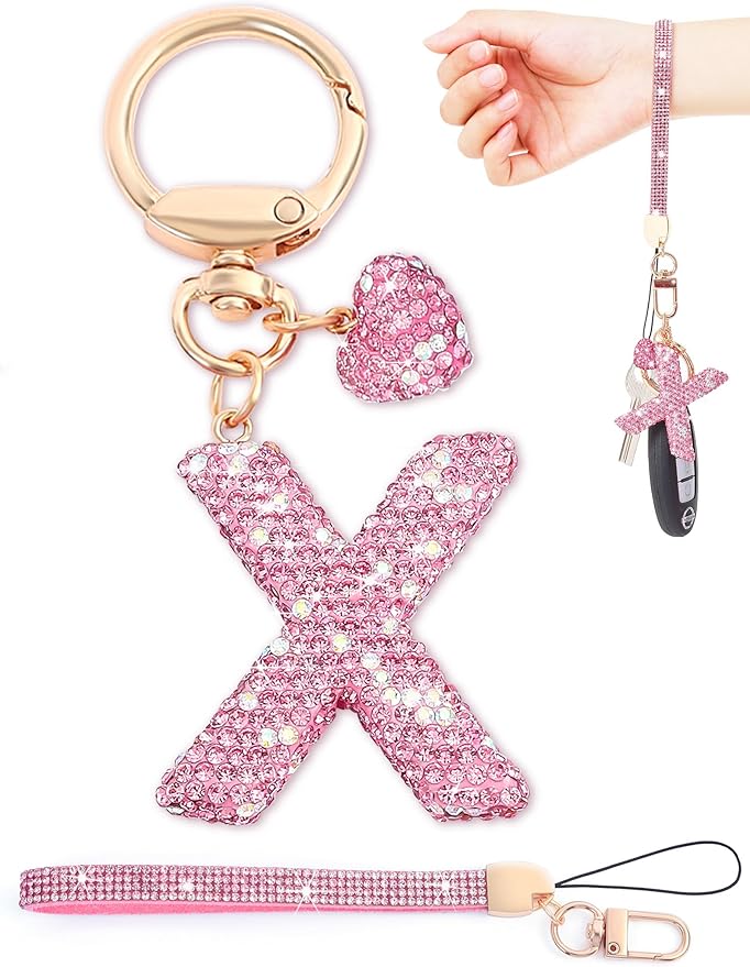 Initial Keychain for Women Girls,Bling Letter Key chain Initial with Heart,Pink Keychain Charms for Backpack Handbag