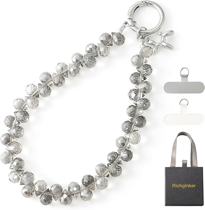 Crystal Phone Wrist Strap Phone Charm Chain Keychain Beaded Cellphone Lanyard with Tether Tab Hands-Free Wristlet Bracelet Wrist Grip Strap for Women, D-Gray