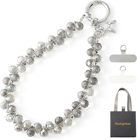 Crystal Phone Wrist Strap Phone Charm Chain Keychain Beaded Cellphone Lanyard with Tether Tab Hands-Free Wristlet Bracelet Wrist Grip Strap for Women, D-Gray