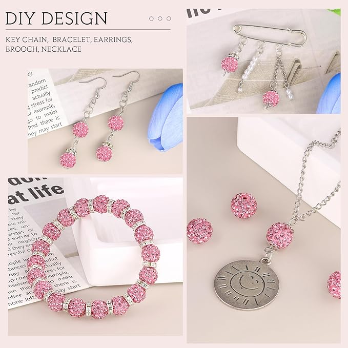 200 Pcs Dark Pink Rhinestone Beads for Jewelry Making, Sparkle Crystal Clay Christmas for Bracelet Baseball Necklace Earring Crafting and DIY, Shiny Round Shamballa Disco Ball Beads Bulk