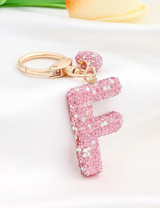 Initial Keychain for Women Girls,Bling Letter Key chain Initial with Heart,Pink Keychain Charms for Backpack Handbag